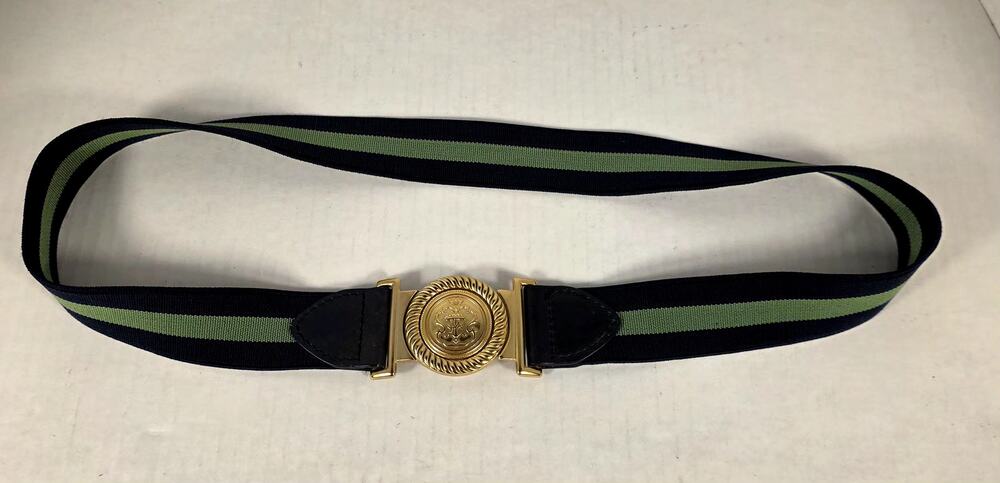 Talbots VTG Crest Buckle‎ Elastic Stretch Belt Navy Green Stripe Medium Preppy